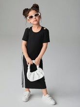 Streecool Kids Young Girl Round Neck Short Sleeve Side Stripe Maxi Casual Dress